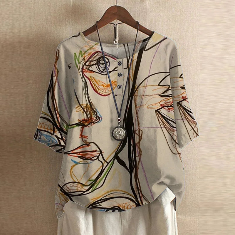 Anya | Women's Vintage-Inspired Relaxed Fit Round Neck Short Sleeve Floral Design Blouse 10