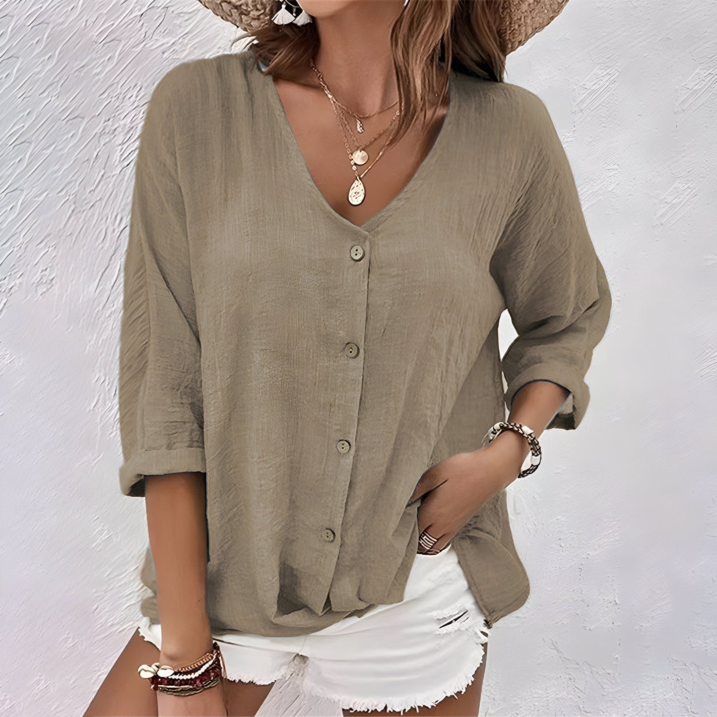Marcia | Women's Casual Relaxed Fit V-Neck Roll Sleeve Button-Up Blouse 6