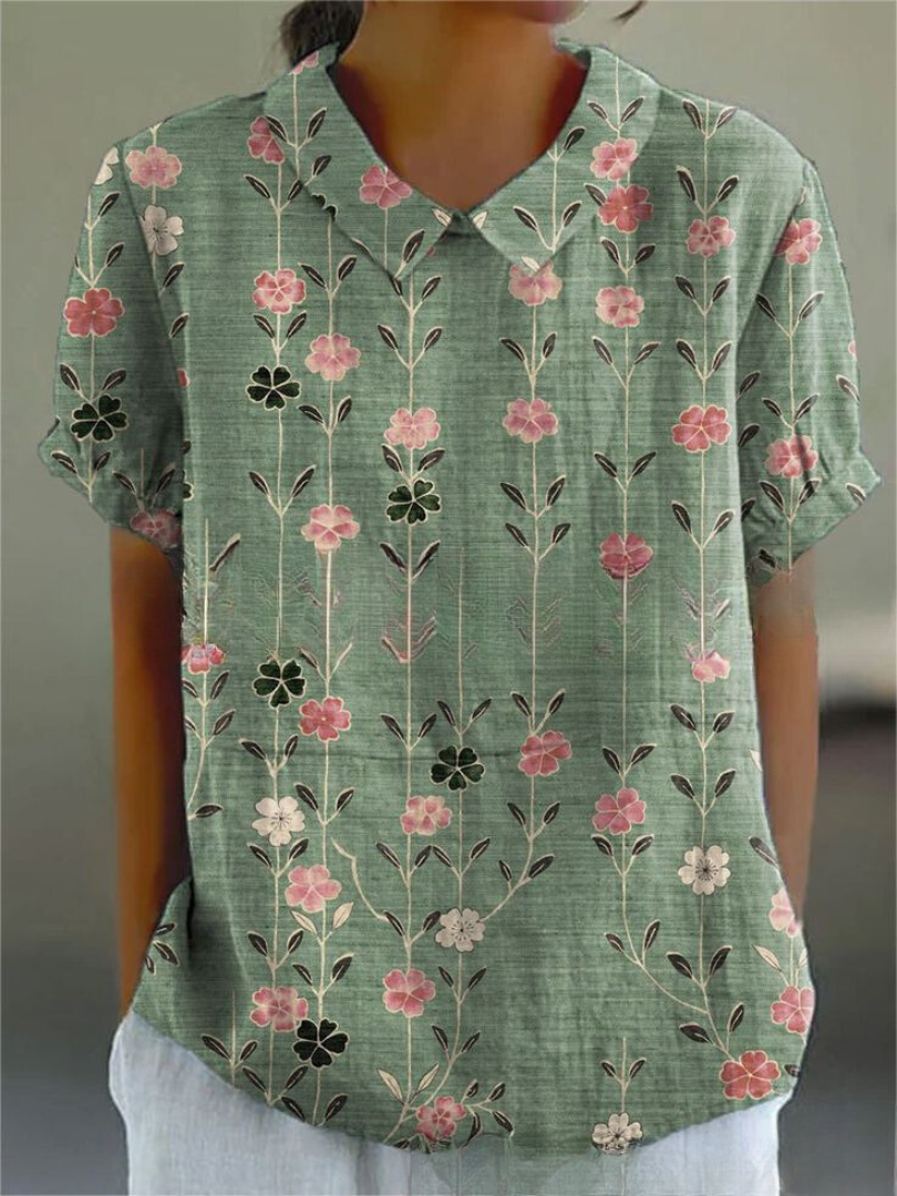 Nancy | Women's Casual Relaxed Fit Collared Short Sleeve Floral Print Button-Up Shirt 6
