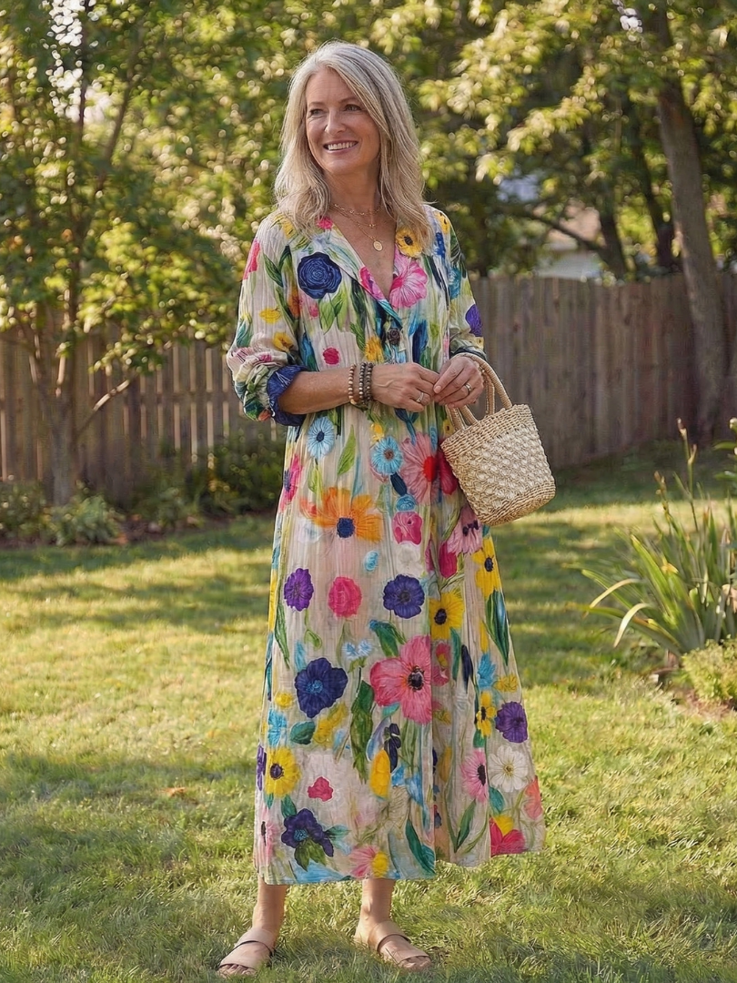 Vacation Chiffon Floral Collared Maxi Dress | Mira 9