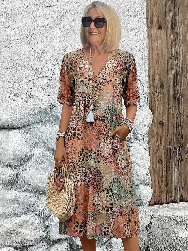 Vacation Floral Print V-Neck Pocketed Midi Dress | Mira 4