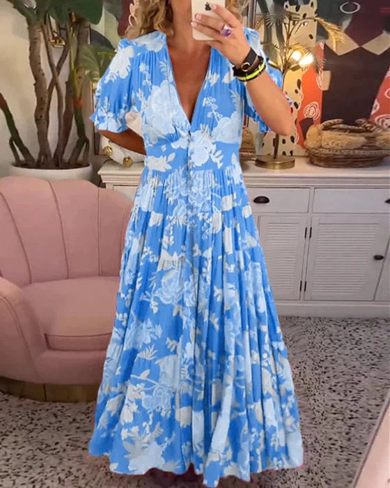 Vacation Floral V-Neck Elastic Waist Maxi Dress | Mira 2
