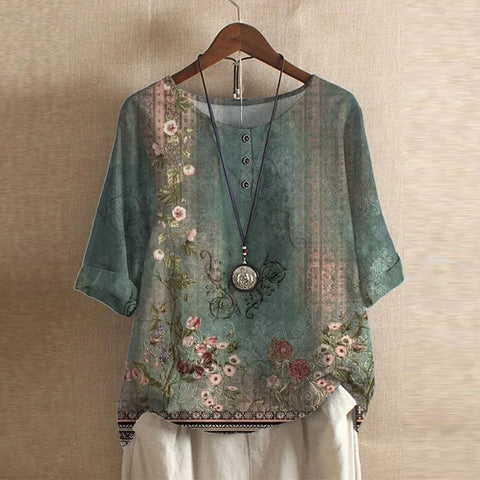 Anya | Women's Vintage-Inspired Relaxed Fit Round Neck Short Sleeve Floral Design Blouse 0