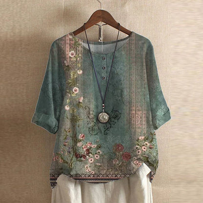 Anya | Women's Vintage-Inspired Relaxed Fit Round Neck Short Sleeve Floral Design Blouse 0