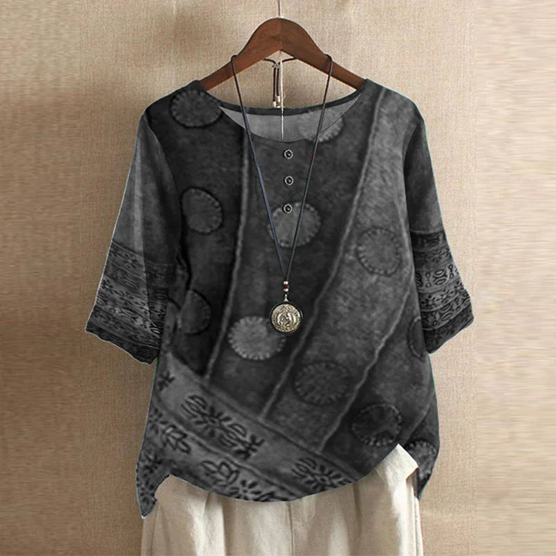 Anya | Women's Vintage-Inspired Relaxed Fit Round Neck Short Sleeve Floral Design Blouse 1