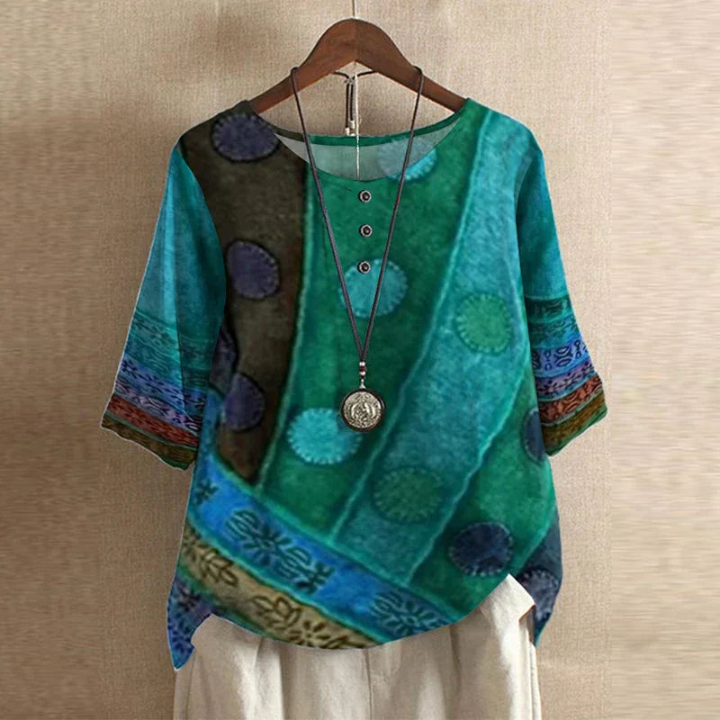 Anya | Women's Vintage-Inspired Relaxed Fit Round Neck Short Sleeve Floral Design Blouse 2