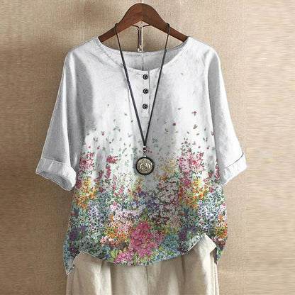 Anya | Women's Vintage-Inspired Relaxed Fit Round Neck Short Sleeve Floral Design Blouse 6