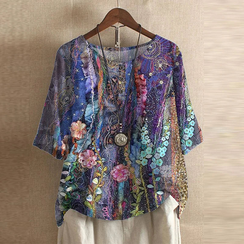 Anya | Women's Vintage-Inspired Relaxed Fit Round Neck Short Sleeve Floral Design Blouse 8