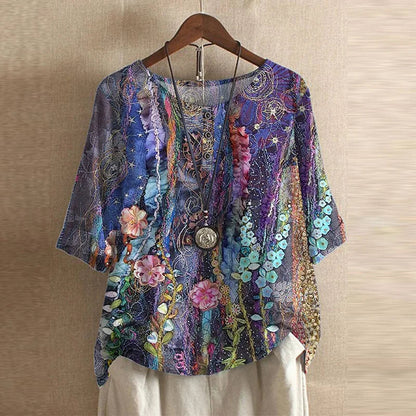 Anya | Women's Vintage-Inspired Relaxed Fit Round Neck Short Sleeve Floral Design Blouse 8