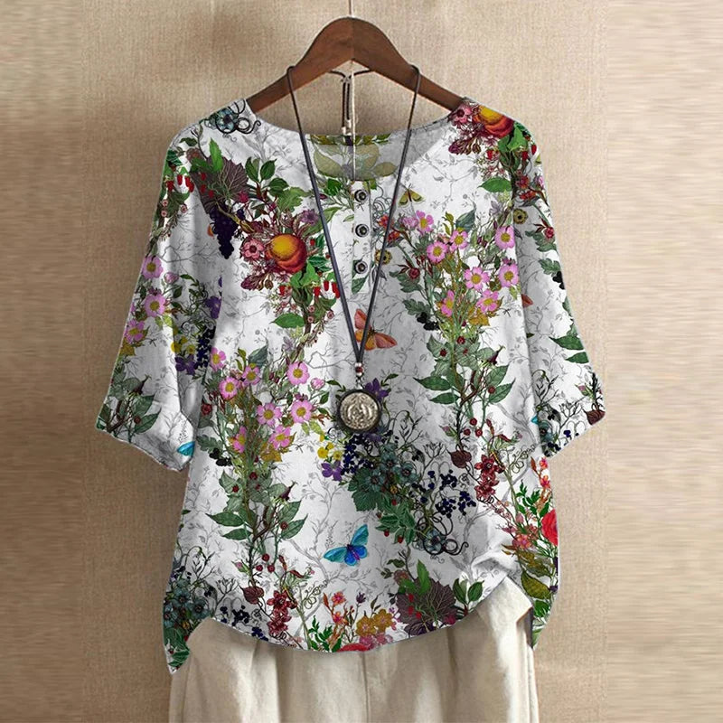 Anya | Women's Vintage-Inspired Relaxed Fit Round Neck Short Sleeve Floral Design Blouse 9