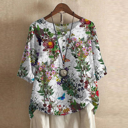 Anya | Women's Vintage-Inspired Relaxed Fit Round Neck Short Sleeve Floral Design Blouse 9