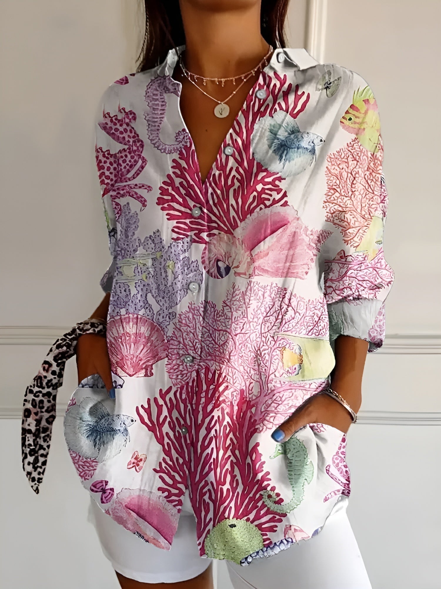 Avril | Women's Chic Relaxed Fit Round Neck Short Sleeve Lightweight Whimsical Print Blouse 3