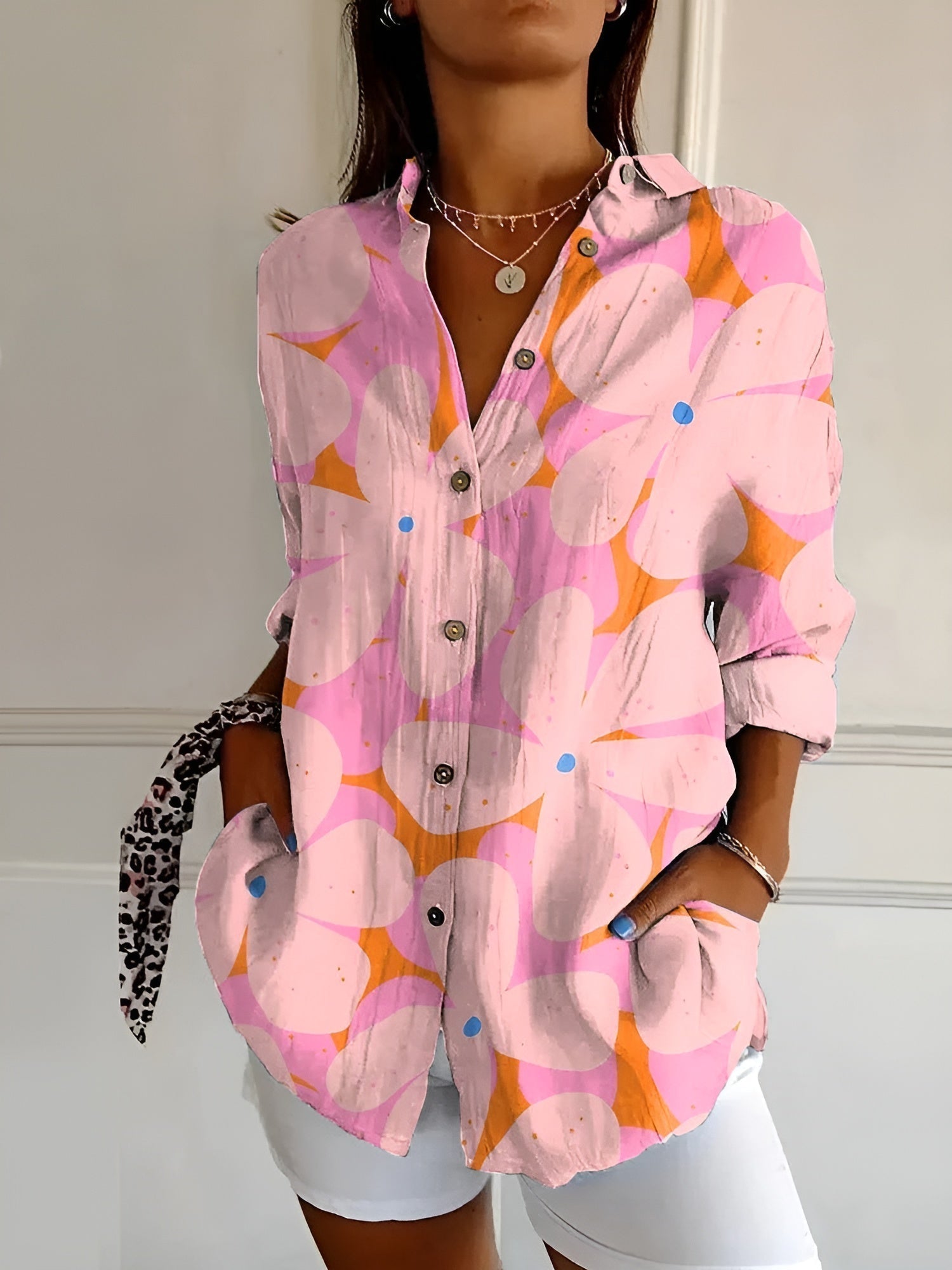 Avril | Women's Chic Relaxed Fit Round Neck Short Sleeve Lightweight Whimsical Print Blouse 5