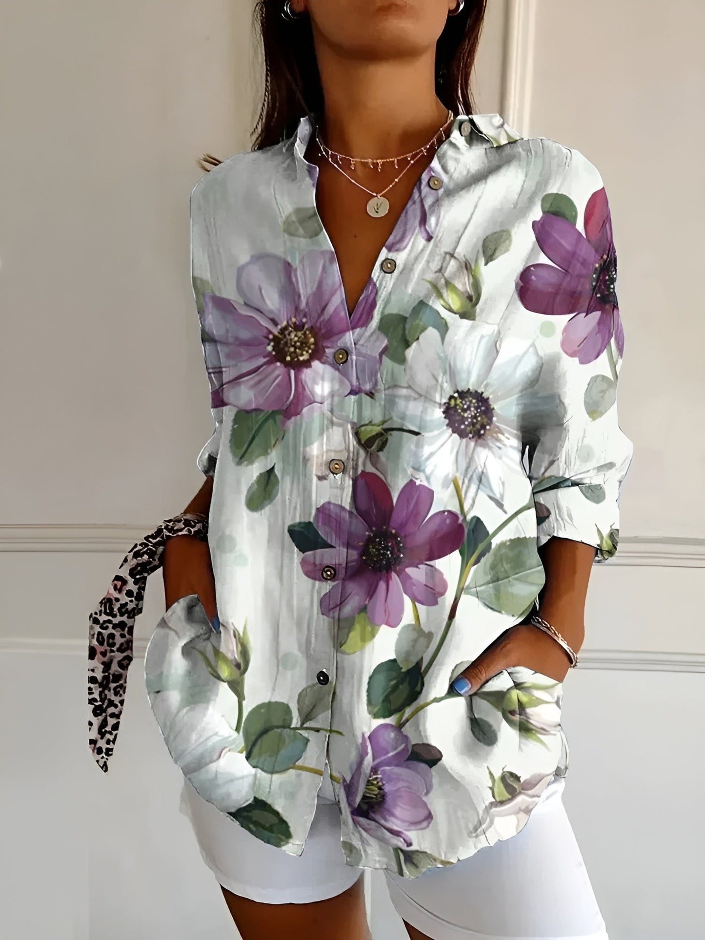 Avril | Women's Chic Relaxed Fit Round Neck Short Sleeve Lightweight Whimsical Print Blouse 7