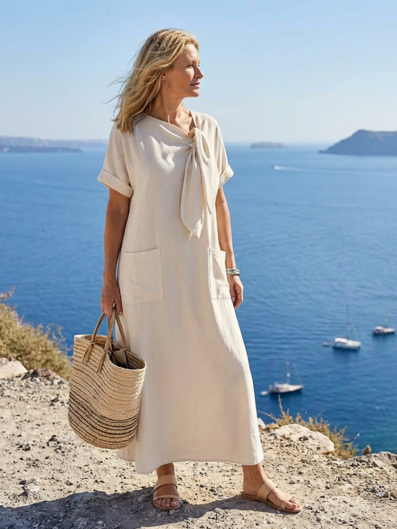 Casual Cotton Pocketed Maxi Dress with Tie Detail | Mira 3