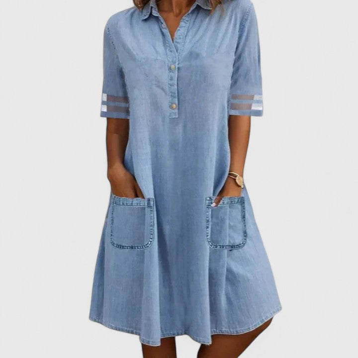 Casual Denim Half Button Midi Dress with Pockets | Mia 1