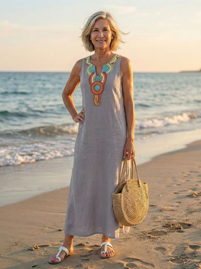 Casual Beach Embroidered Side Slit Midi Dress | Mira 2