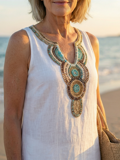 Casual Beach Embroidered Side Slit Midi Dress | Mira 4