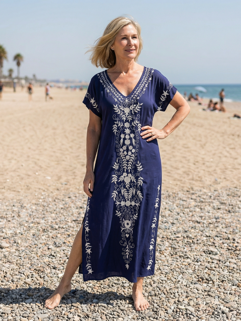 Casual Beach Lightweight Embroidered Side Slit Midi Dress | Mira 2