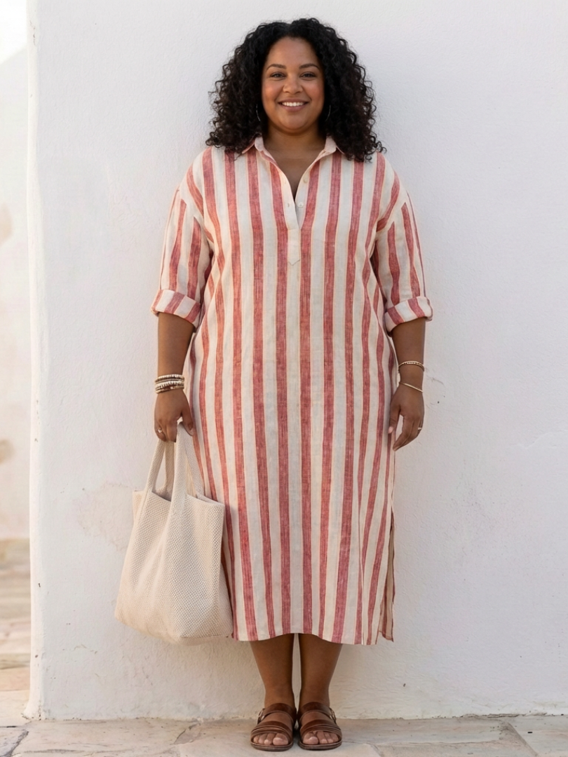 Casual Striped Button-Down Midi Dress