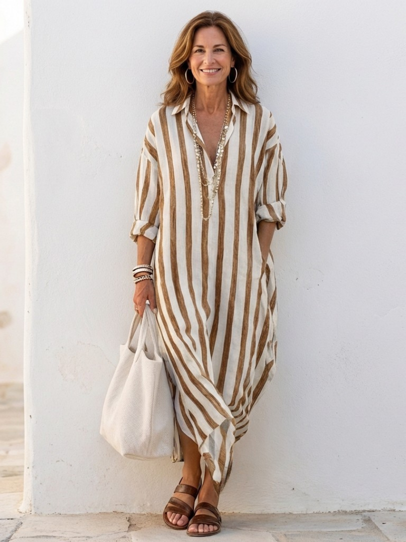 Casual Striped Button-Down Midi Dress