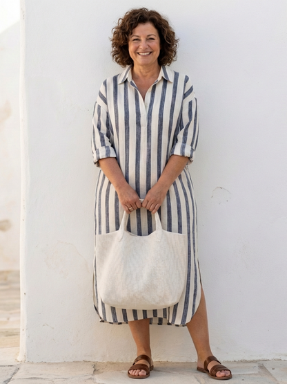 Casual Striped Button-Front Long Sleeve Midi Dress | Mira 3