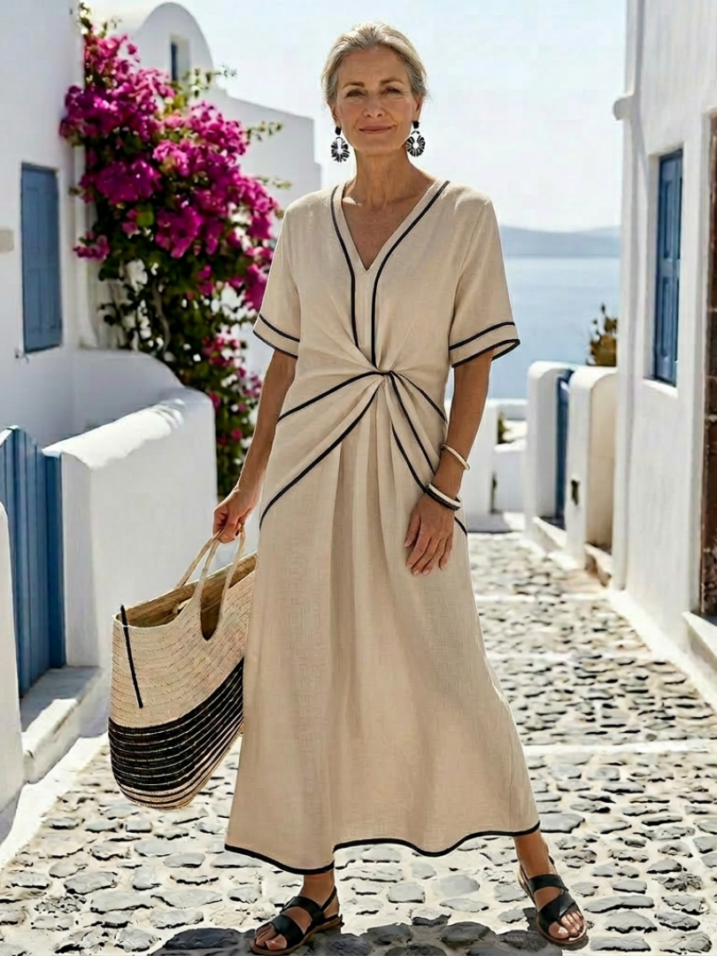Casual V-Neck Gathered Midi Dress for Daytime Outings | Mia 4
