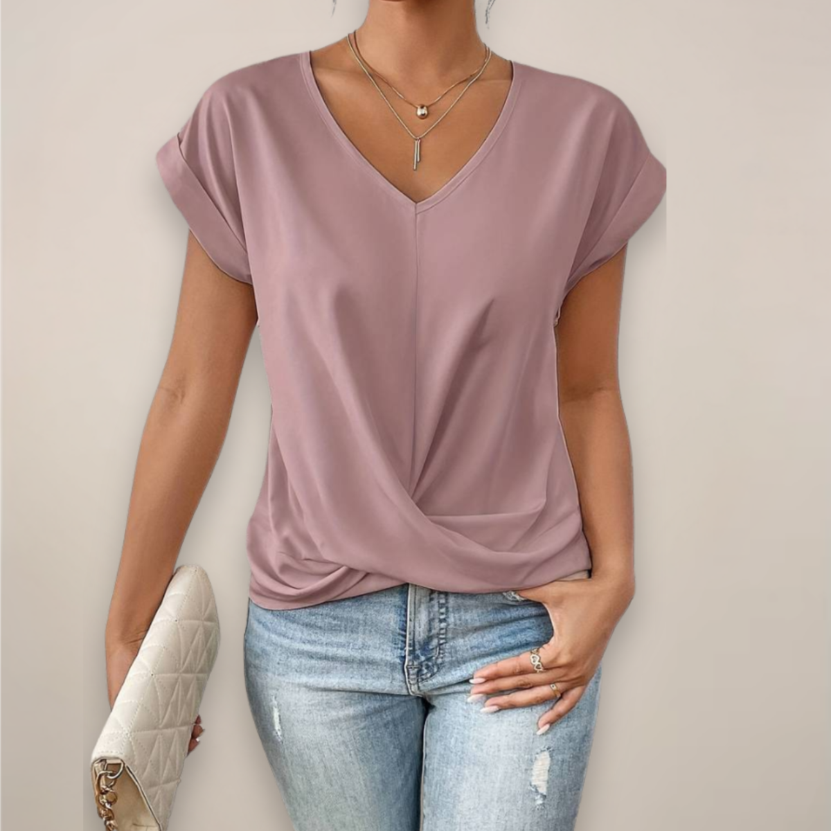 Celeste | Women's Casual V-Neck Twist Front Relaxed Fit Short Sleeve Top 2