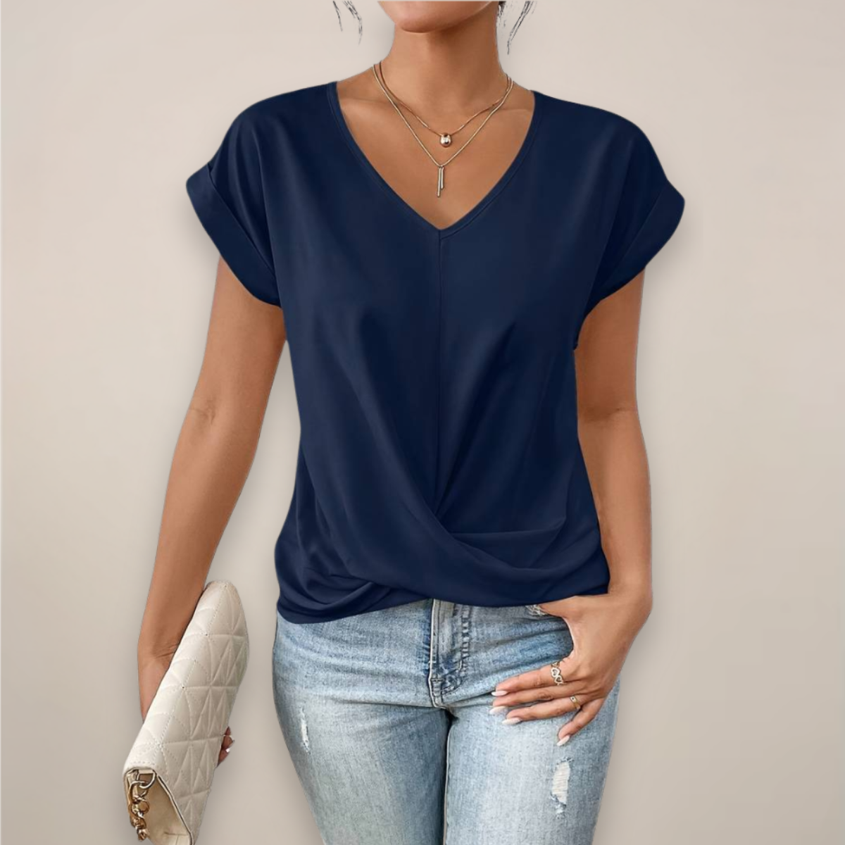 Celeste | Women's Casual V-Neck Twist Front Relaxed Fit Short Sleeve Top 3