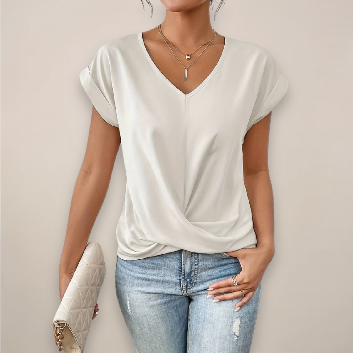 Celeste | Women's Casual V-Neck Twist Front Relaxed Fit Short Sleeve Top 4