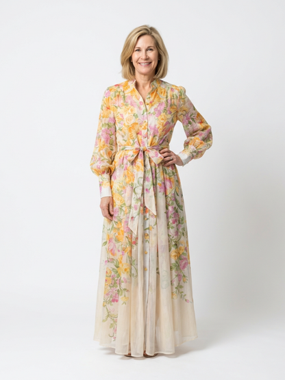 Cocktail Floral Chiffon Long Sleeve Ruffle Maxi Dress | Cressida 1