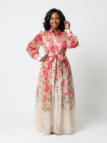 Cocktail Floral Chiffon Long Sleeve Ruffle Maxi Dress | Cressida 5
