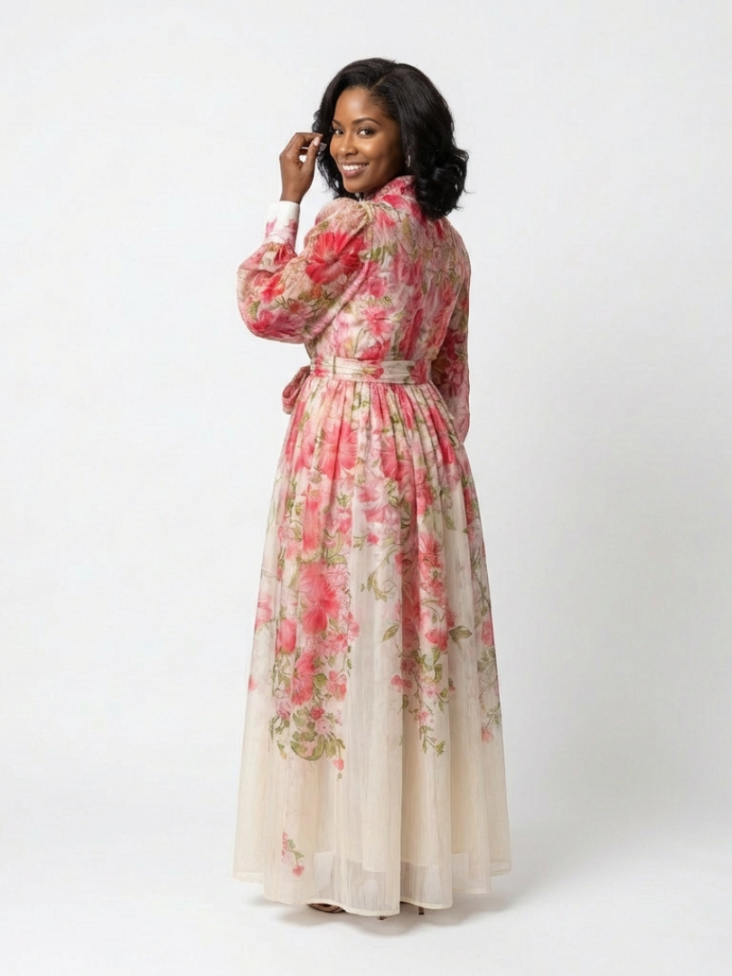 Cocktail Floral Chiffon Long Sleeve Ruffle Maxi Dress | Cressida 6
