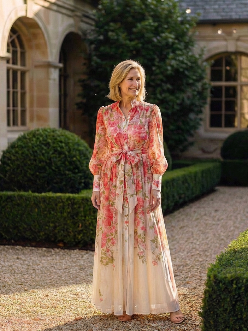 Cocktail Floral Chiffon Long Sleeve Ruffle Maxi Dress | Cressida 7