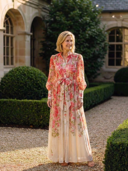 Cocktail Floral Chiffon Long Sleeve Ruffle Maxi Dress | Cressida 7