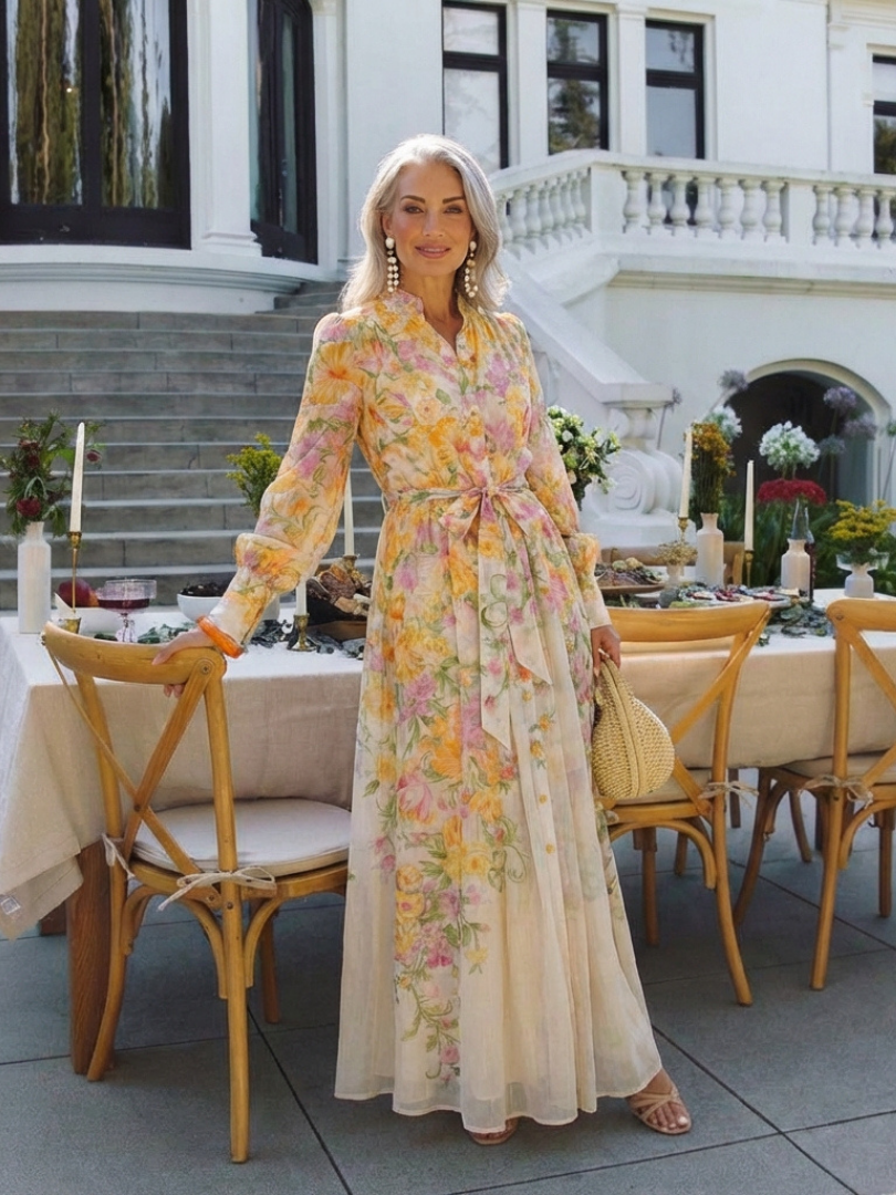 Cocktail Floral Chiffon Long Sleeve Ruffle Maxi Dress | Cressida 8