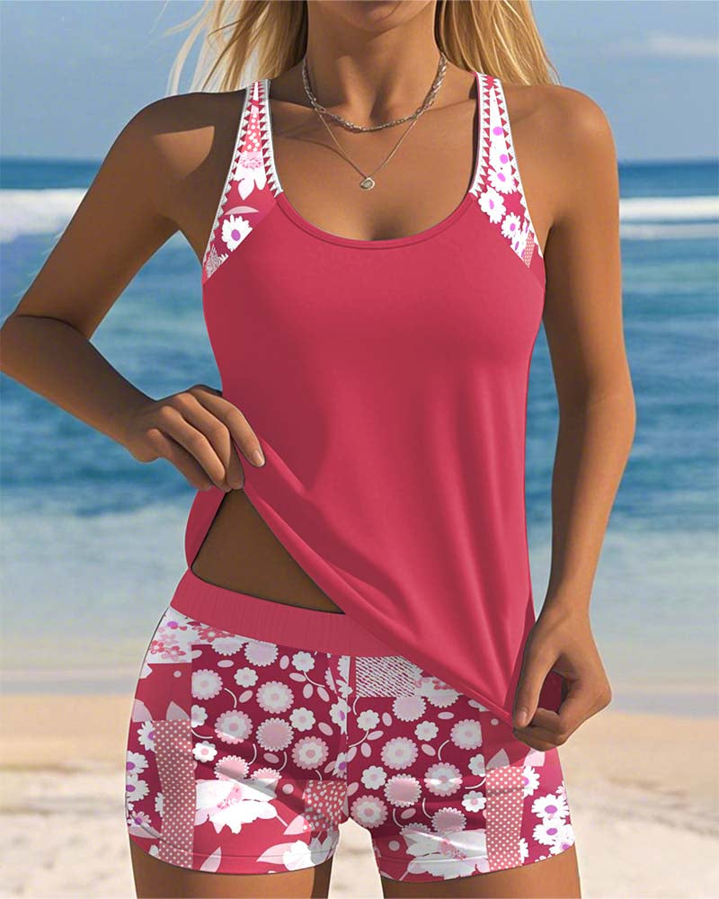 Colette | Women's Sporty Tank Top Ruching Mid-Rise Tummy Control Boxer Bottoms Swimwear 10
