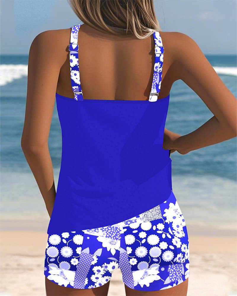 Colette | Women's Sporty Tank Top Ruching Mid-Rise Tummy Control Boxer Bottoms Swimwear 7