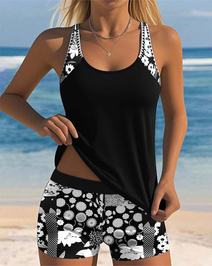 Colette | Women's Sporty Tank Top Ruching Mid-Rise Tummy Control Boxer Bottoms Swimwear 9