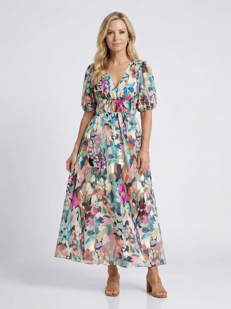 Date Night Chiffon V-Neck Gathered Drape Midi Dress 1