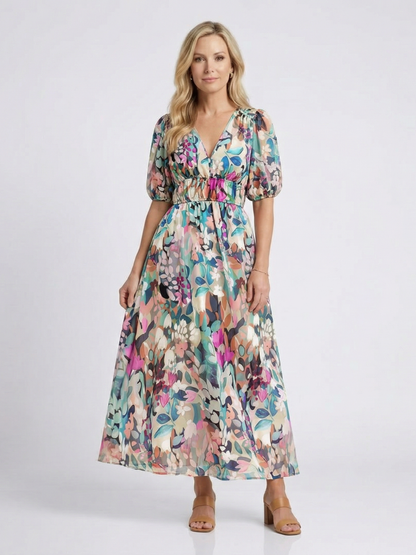Date Night Chiffon V-Neck Gathered Drape Midi Dress 1
