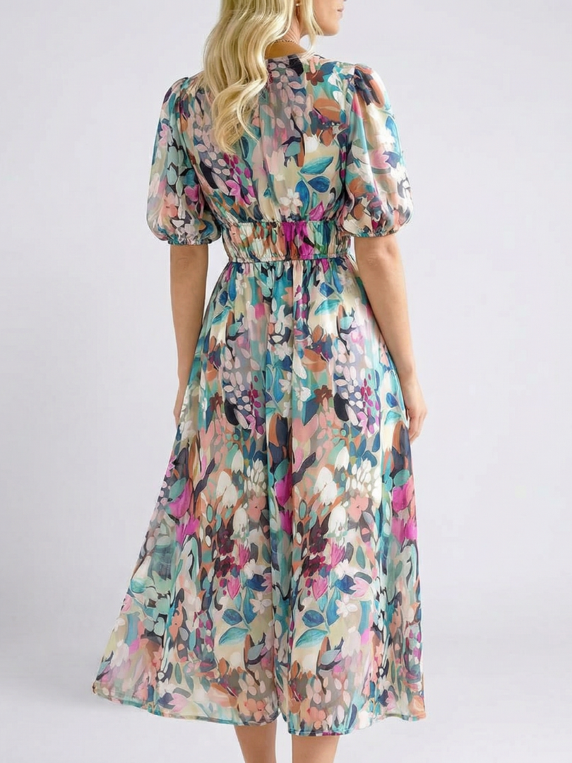 Date Night Chiffon V-Neck Gathered Drape Midi Dress 2