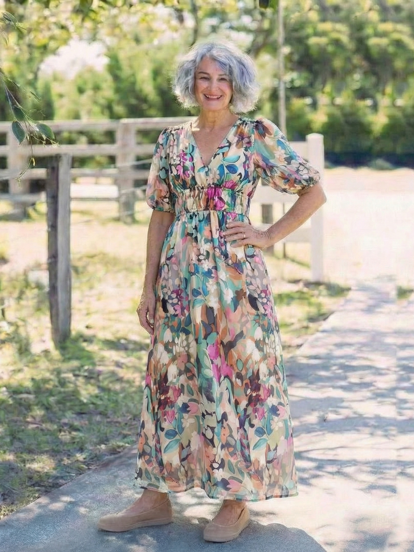 Date Night Chiffon V-Neck Gathered Drape Midi Dress 4
