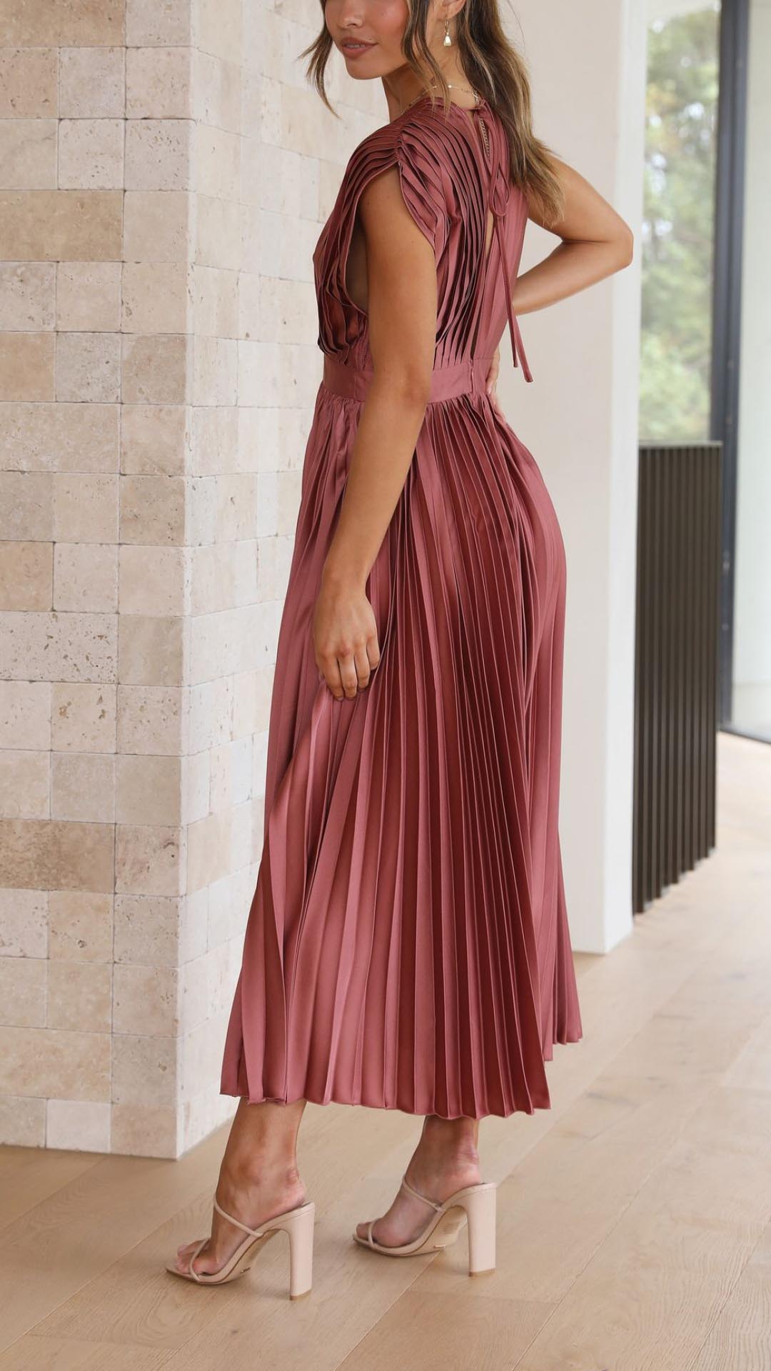 Elegant Pleated V-Neck Maxi Dress for Special Occasions | Mira 4