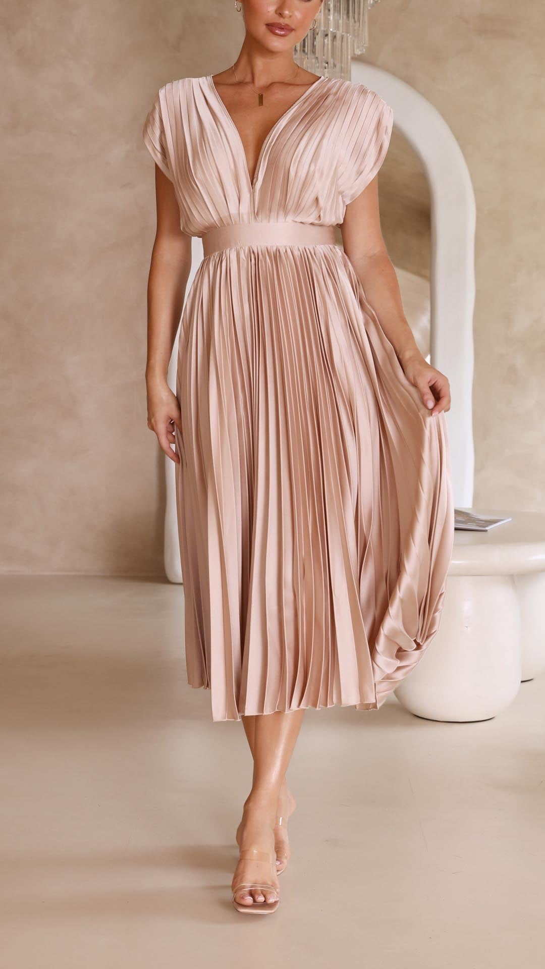 Elegant Pleated V-Neck Maxi Dress for Special Occasions | Mira 6
