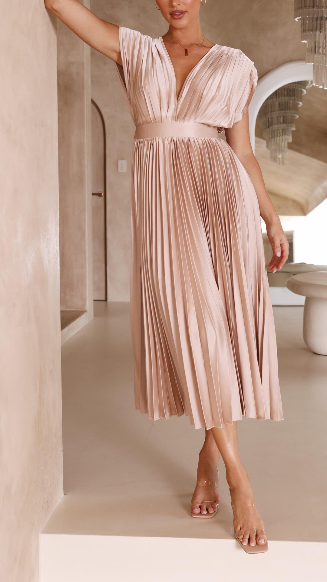 Elegant Pleated V-Neck Maxi Dress for Special Occasions | Mira 9