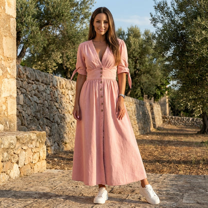Emily | Womens Casual Denim Midi Dress Relaxed Fit Button Closure Pockets Modern Cut 1