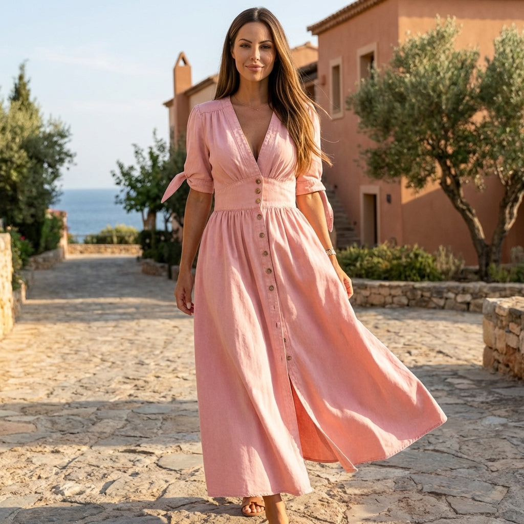 Emily | Womens Casual Denim Midi Dress Relaxed Fit Button Closure Pockets Modern Cut 3