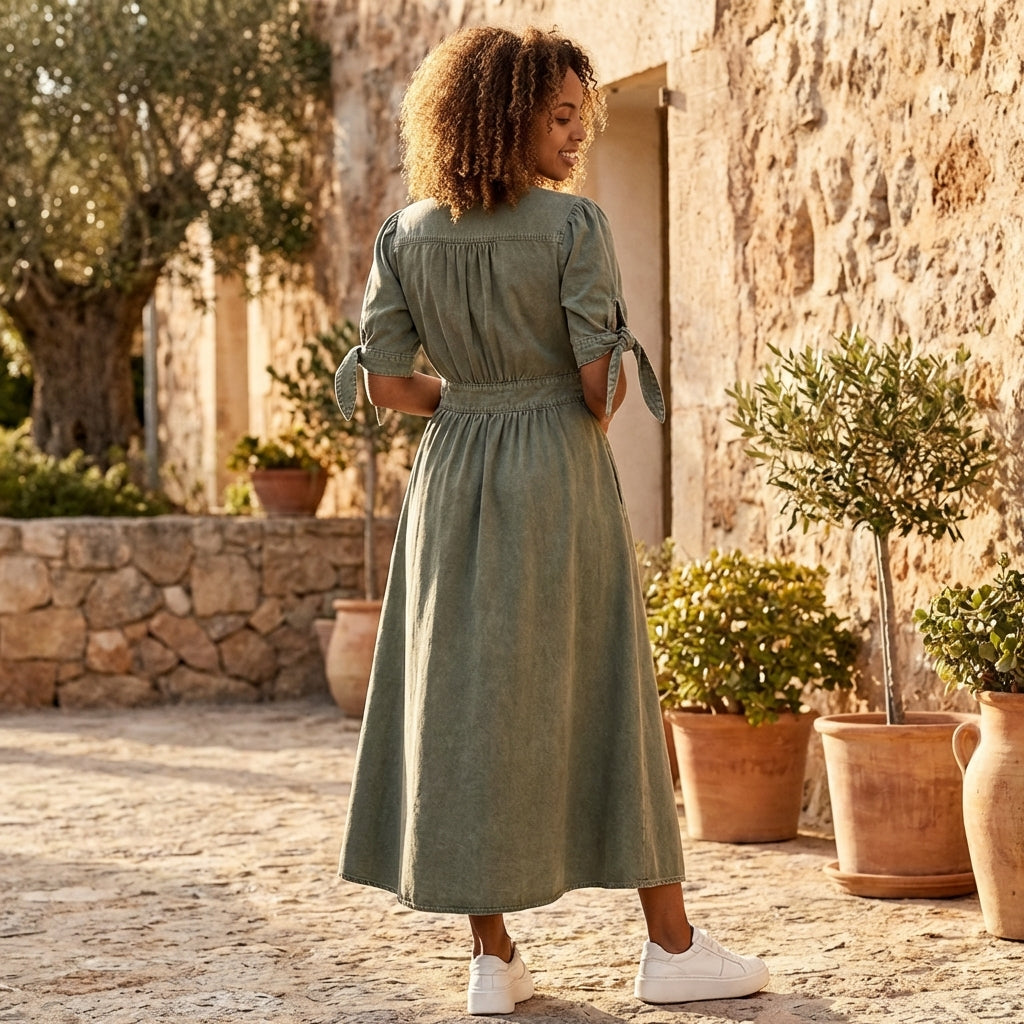 Emily | Womens Casual Denim Midi Dress Relaxed Fit Button Closure Pockets Modern Cut 8