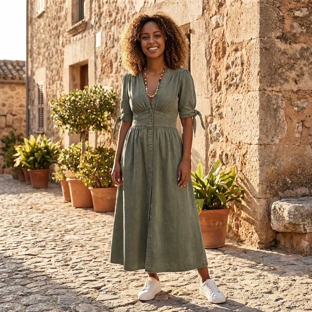 Emily | Womens Casual Denim Midi Dress Relaxed Fit Button Closure Pockets Modern Cut 9